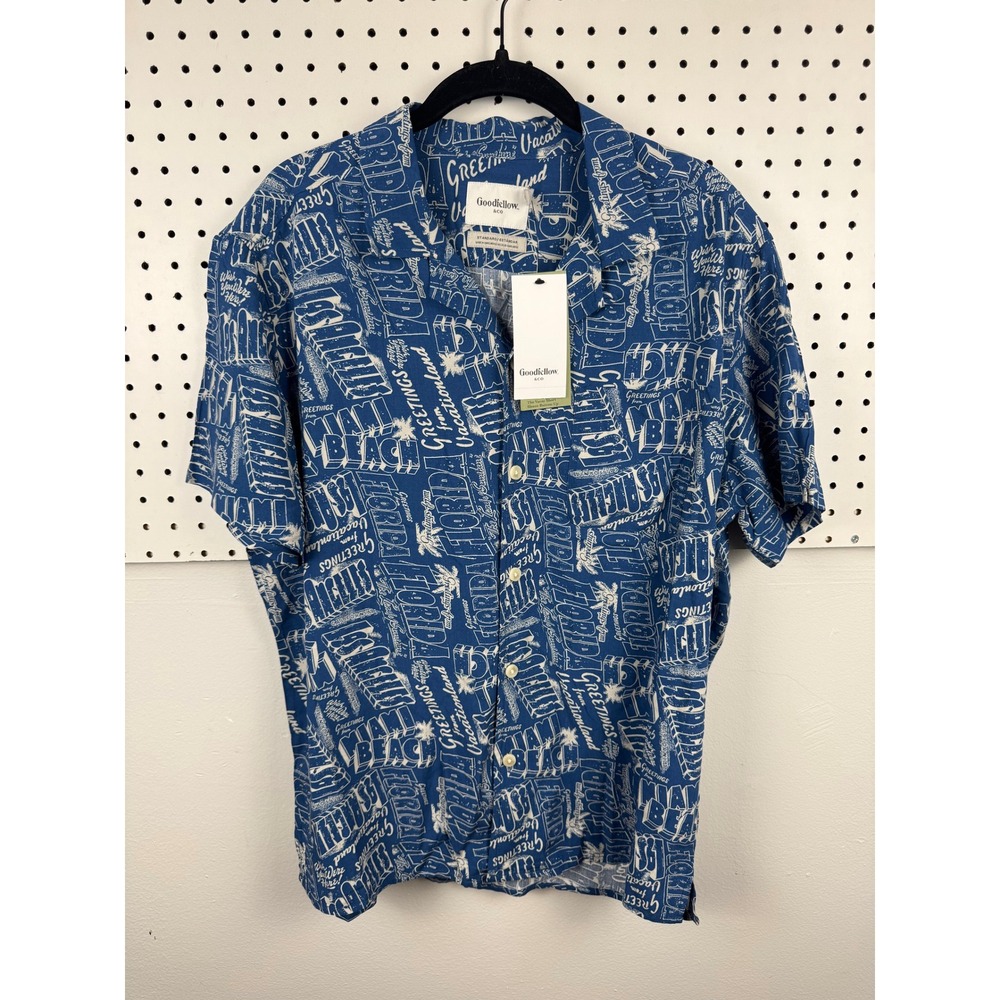 Goodfellow & Co Mens Navy Blue Florida Miami Beach Vacay Rayon Button Up Shirt M